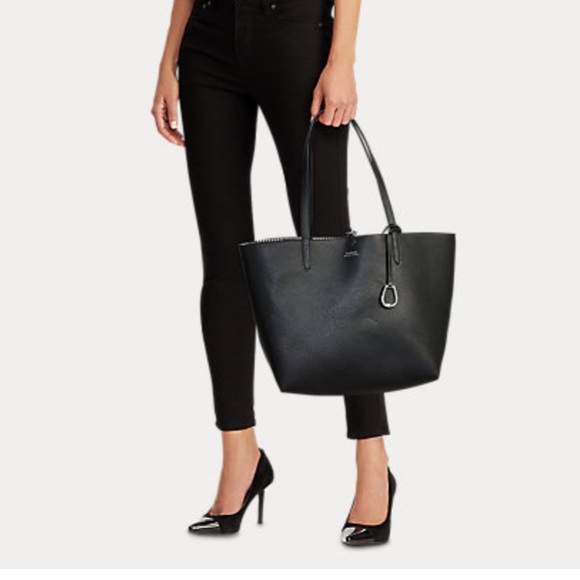 NWT! RALPH LAUREN REVERSIBLE Glen Plaid VEGAN LEATHER TOTE & matching ZIP POUCH! - Picture 2 of 11